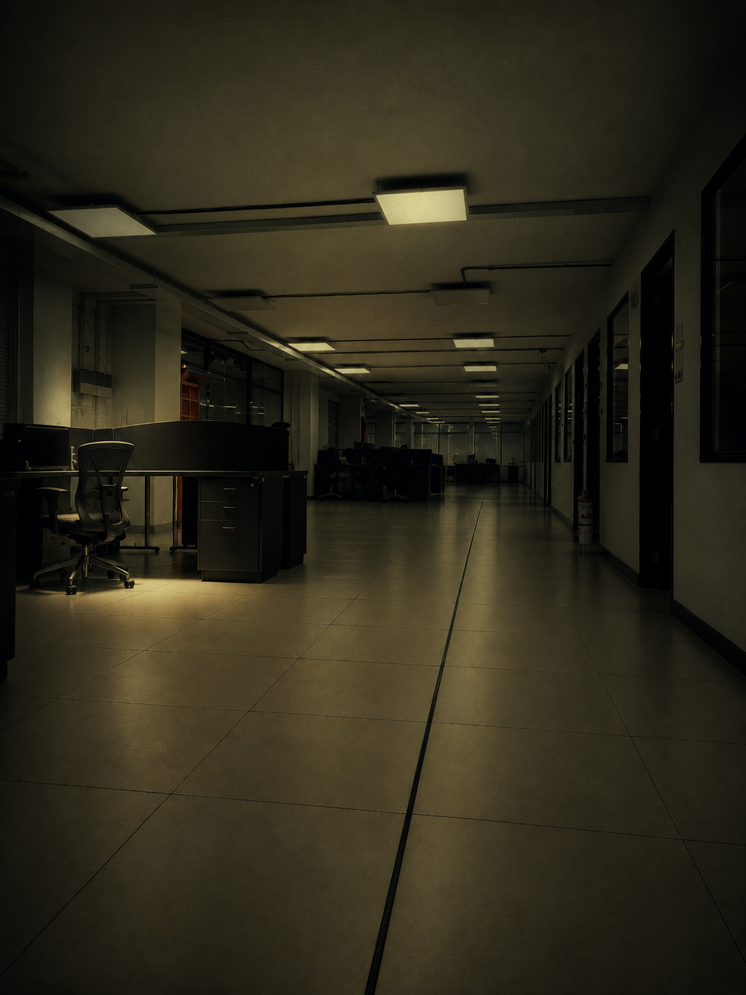 Pasillo de oficina con cubículos vacíos en fila, iluminado por luces de techo que se pierden en la distancia.